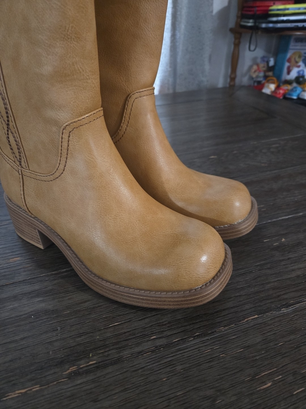 Knee-High Tan Block Heel Riding Boots - Picture 7 of 14